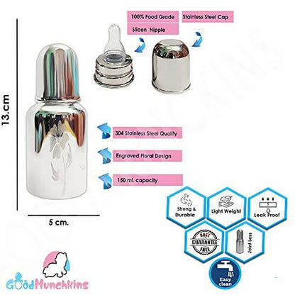 Goodmunchkins Stainless Steel Feeding Bottle Joint Less 304 Grade No Joints BPA Free for New Born Baby/Toddlers/Infants-140ml