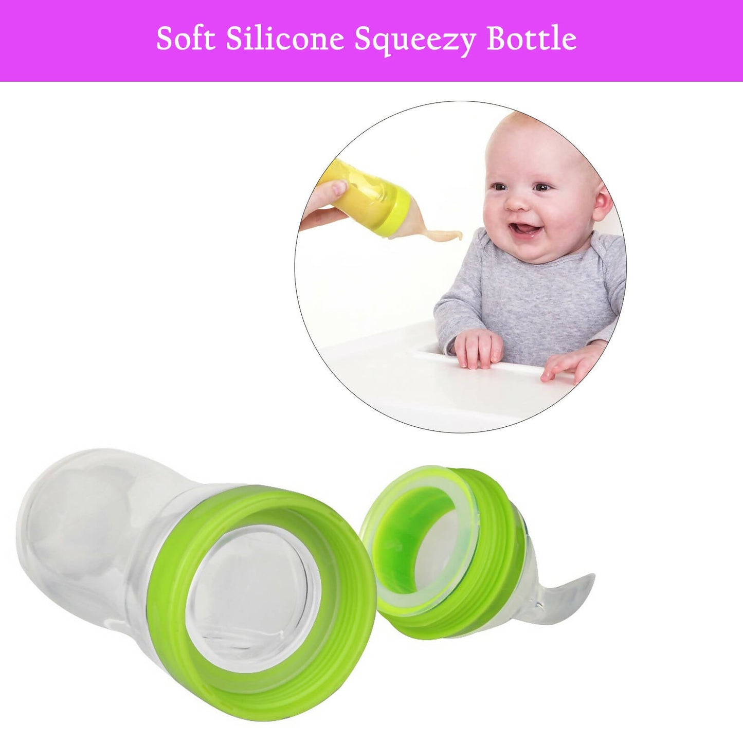 Safe-O-Kid Easy Set of 2 Squeezy Silicone Food Feeder Spoon (Soft Tip) Bottle- Green- 90mL