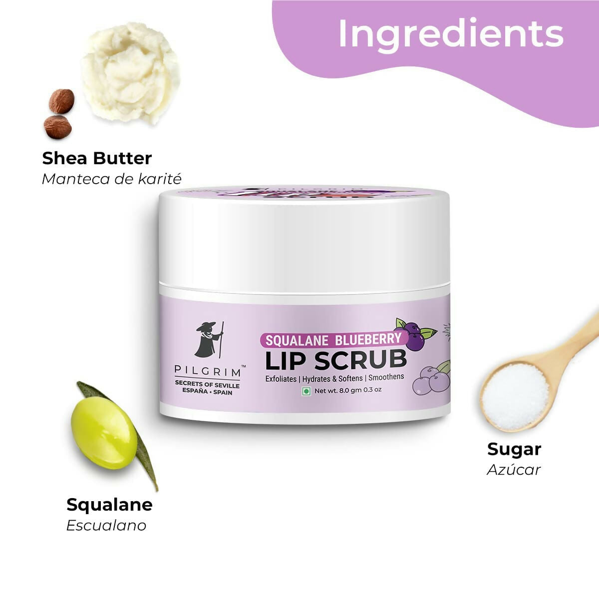 Pilgrim Spanish Lip Scrub (Blueberry) For Dark Lips, Gentle Exfoliation, Hydrated, Smooth & Soft Lips