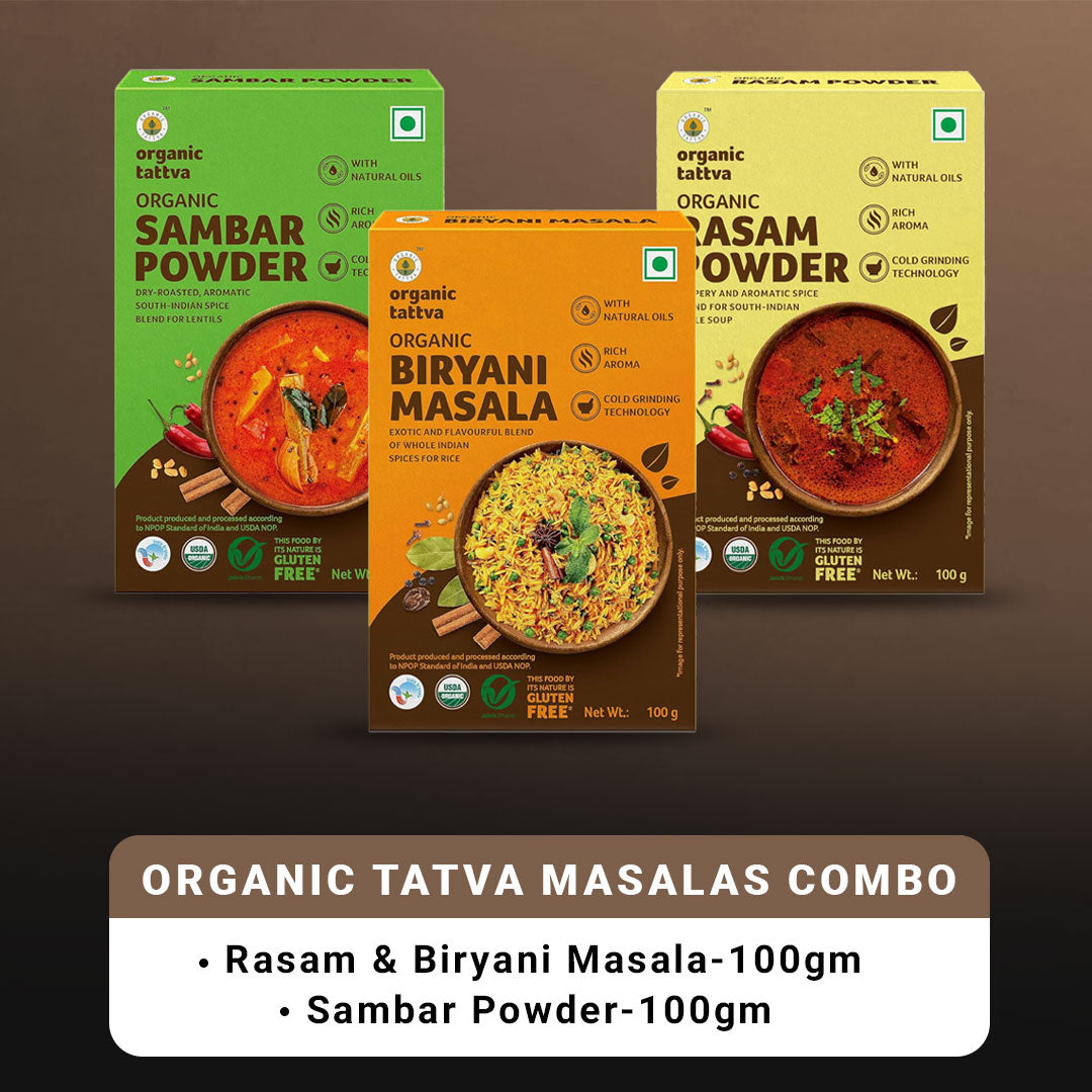 Organic Tattva South-Indian Masala Combo (100 Gm Each)- Sambar Powder, Rasam and Biryani Masala