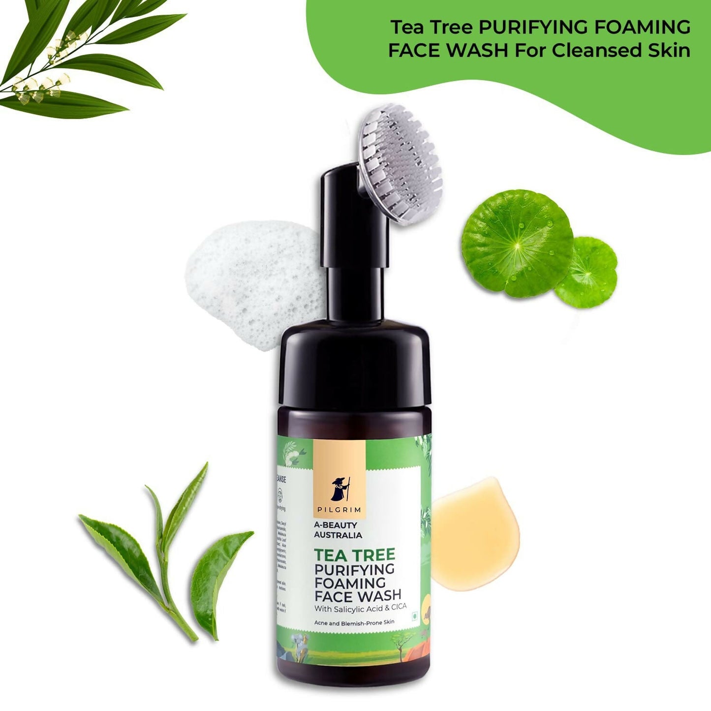 Pilgrim Australian Tea Tree & 1% Salicylic Acid Foaming Face Wash with Brush For Oily Skin, Acne And Pimples