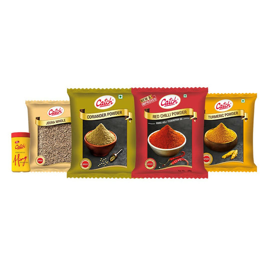 Catch Masala & Spices Combo Five Pack - Coriander Powder 200 gms + Turmeric Powder 200 gms + Red Chilli Powder 200 gms + Cumin Whole 200 gms + Hing 50 gms