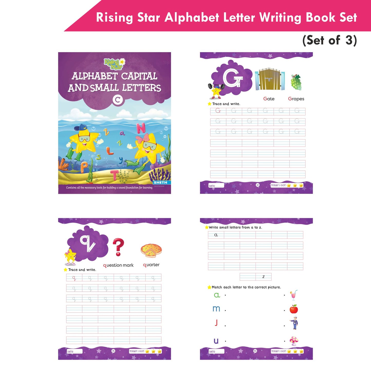 Rising Star Alphabet Capital & Small Letter Writing Practice Books Set for Kids| Set of 3| Ages 3-6 Years