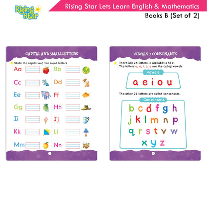 Rising Star Lets Learn English & Maths Activity Book Set B| Set of 2| Ages 3-7 Year| Number 1-100, Shapes, Alphabets