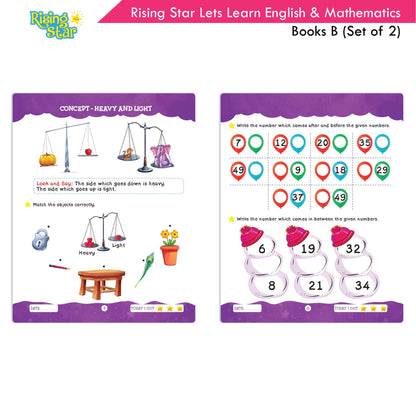 Rising Star Lets Learn English & Maths Activity Book Set B| Set of 2| Ages 3-7 Year| Number 1-100, Shapes, Alphabets