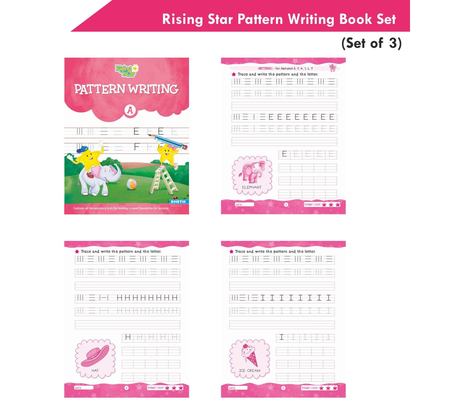 Rising Star Pattern Writing Book Set (Set of 3)| Ages 3-7 years| Trace & Write Patterns, Numbers, Letters, etc.