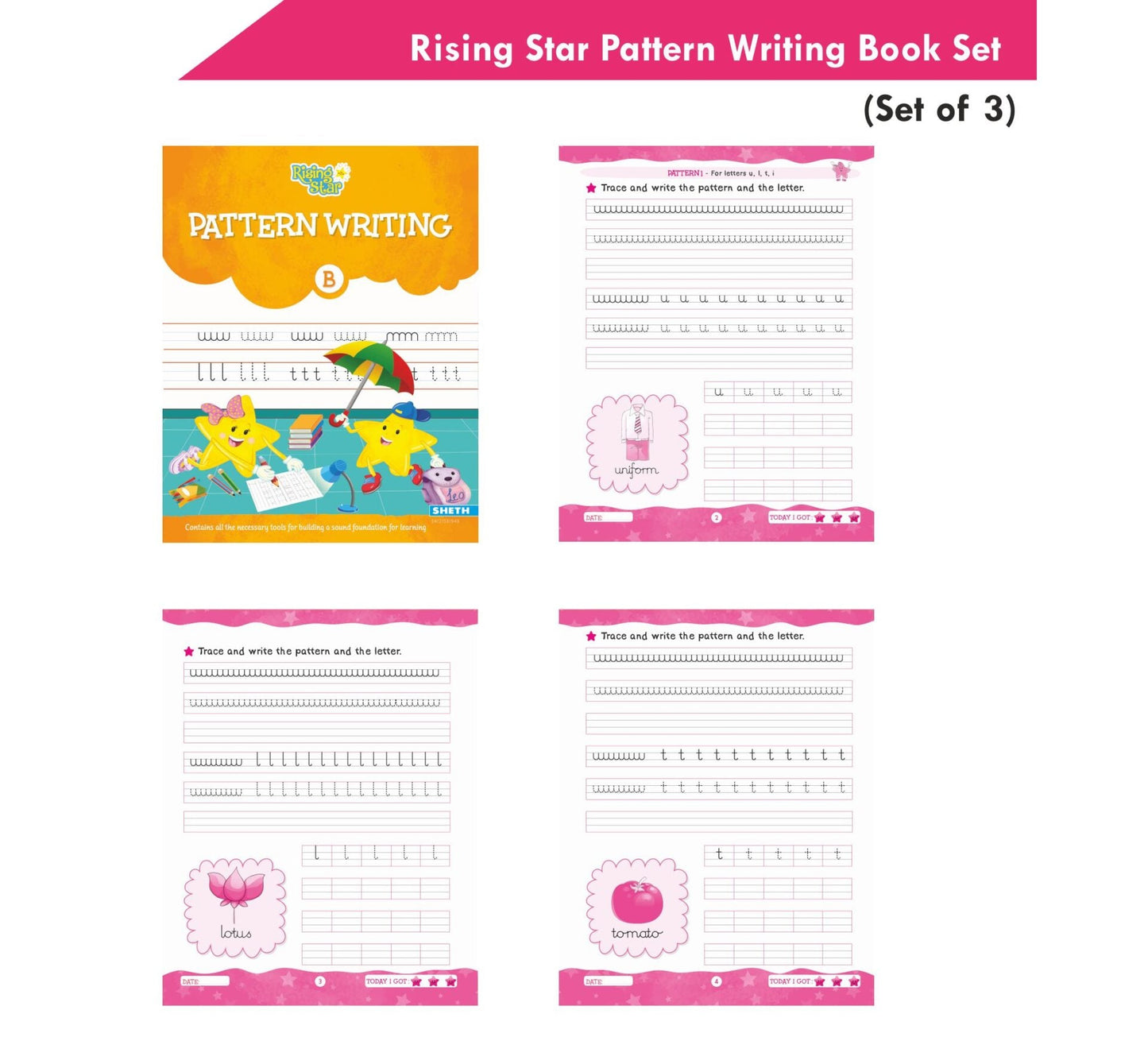 Rising Star Pattern Writing Book Set (Set of 3)| Ages 3-7 years| Trace & Write Patterns, Numbers, Letters, etc.