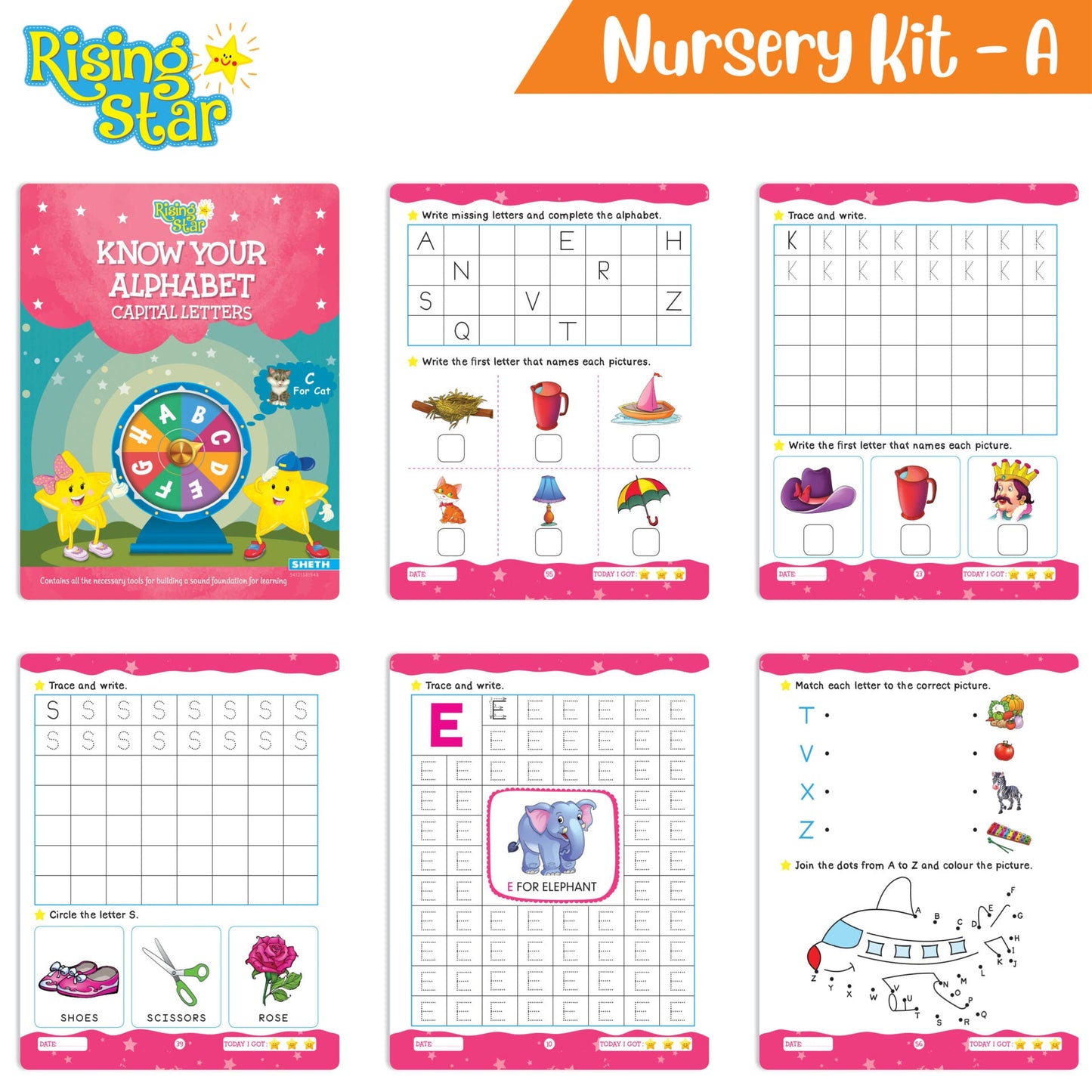 Rising Star Preschool Learning Nursery Kit A| General Knowledge| Know Your Alphabet| Numbers| Rhymes & Stories| Worksheets & Assessment Book