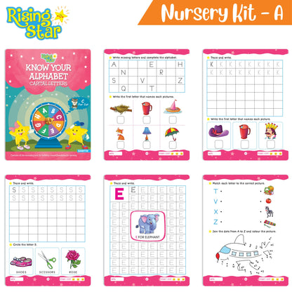 Rising Star Preschool Learning Nursery Kit A| General Knowledge| Know Your Alphabet| Numbers| Rhymes & Stories| Worksheets & Assessment Book