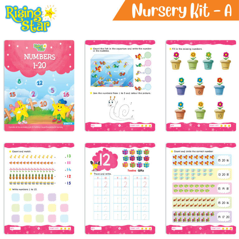 Rising Star Preschool Learning Nursery Kit A| General Knowledge| Know Your Alphabet| Numbers| Rhymes & Stories| Worksheets & Assessment Book