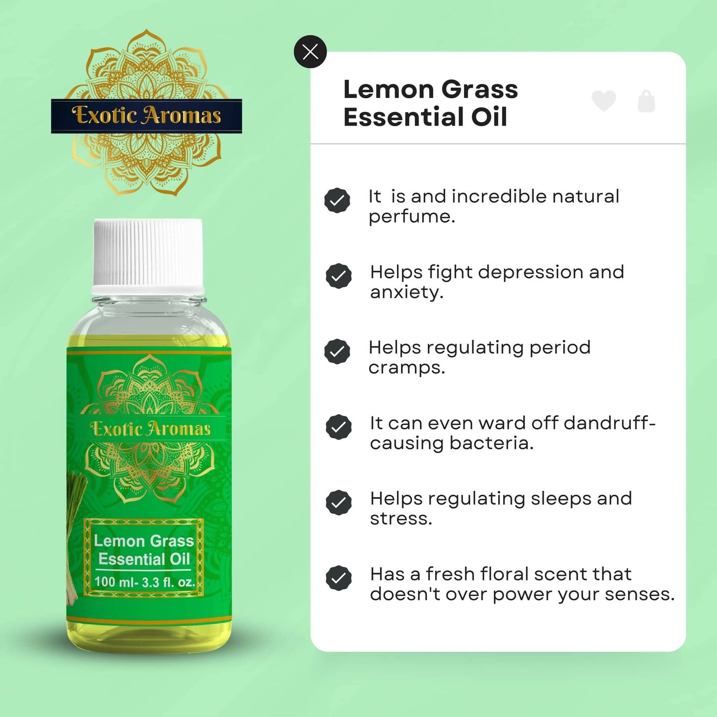 Exotic Aromas Lemongrass Essential Oil for Hair, Skin