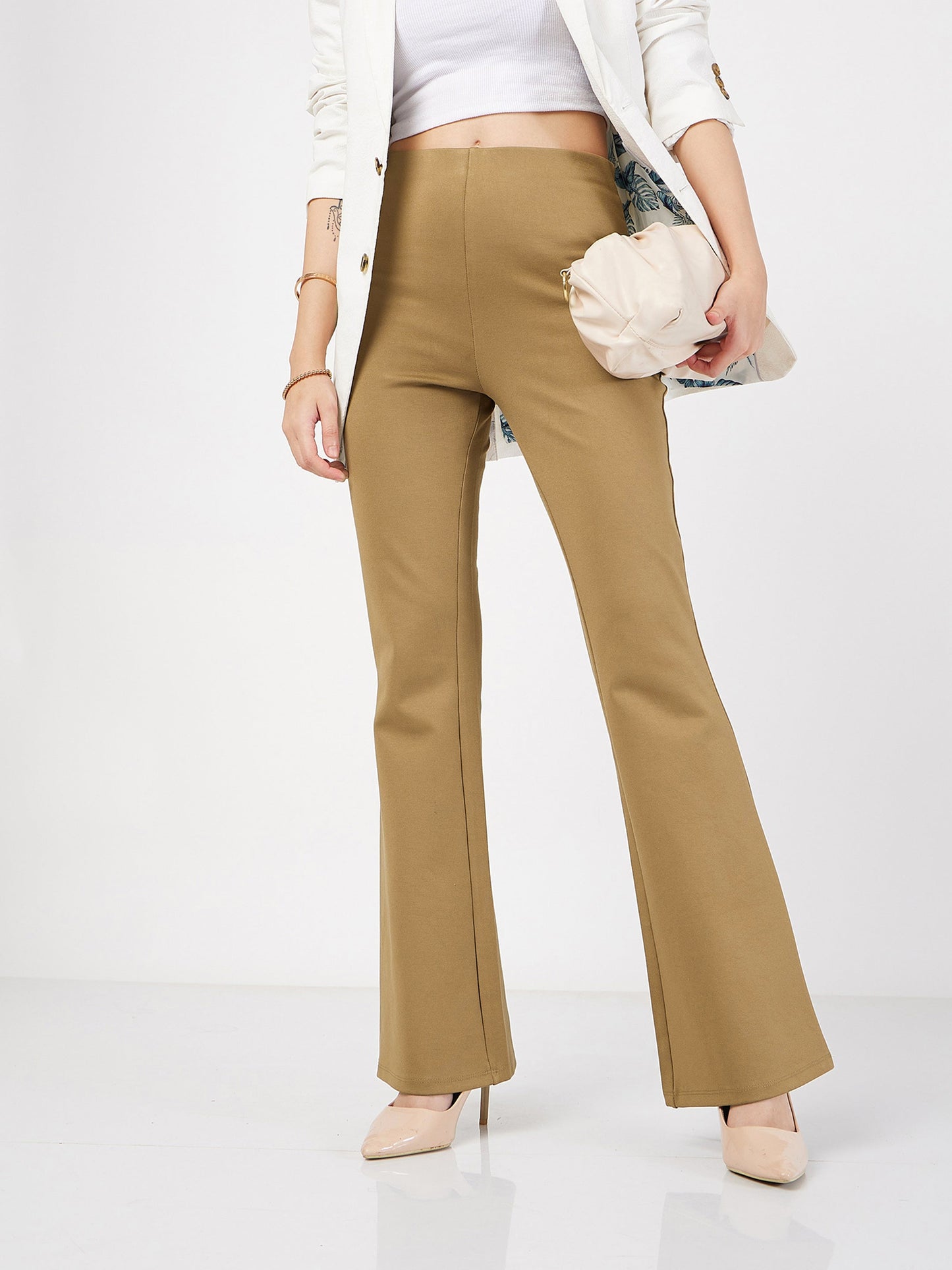 Lyush Women Beige Bell Bottom 4-Way Stretch Pants -  USA 