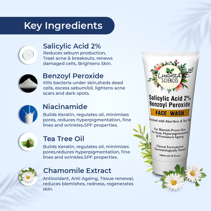 Luxura Sciences Salicylic Acid 2% Face Wash with Niacinamide, Benzoyl Peroxide, Aloe Vera & Tea Tree