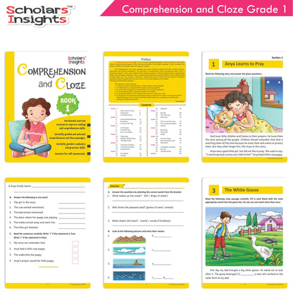 Scholars Insights Comprehension and Cloze Grade 1| English Vocabulary & Grammar Skill Book for Kids| Ages 6-7 Years