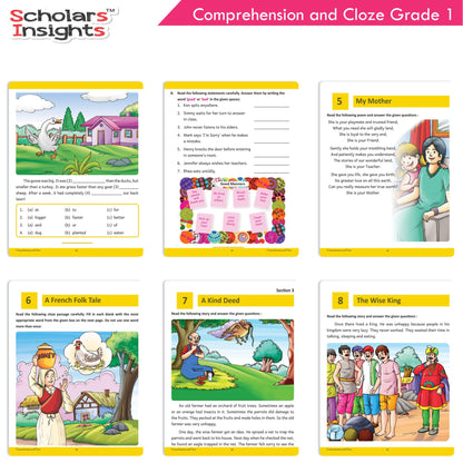 Scholars Insights Comprehension and Cloze Grade 1| English Vocabulary & Grammar Skill Book for Kids| Ages 6-7 Years