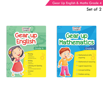 Scholars Insights Gear Up English & Maths Grade 4 Books Set Of 2 English Grammar Skills, Maths Logical Reasoning, Problem Solving Book Ages 9-10 Years