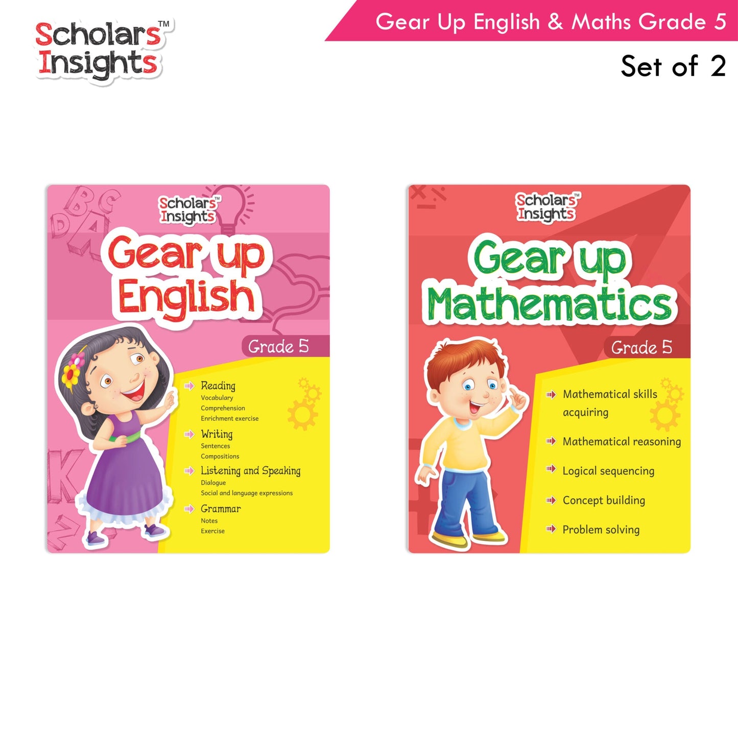 Scholars Insights Gear Up English & Maths Grade 5 Books Set Of 2| Grammar Skills, Maths Logical Reasoning, Problem Solving Book| Ages 10-11 Years