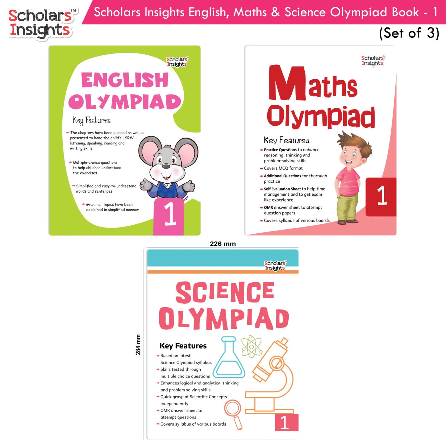 Scholars Insights Olympiad English, Maths and Science Workbooks Set Grade 1| Set of 3| Ages 6 - 8 Year