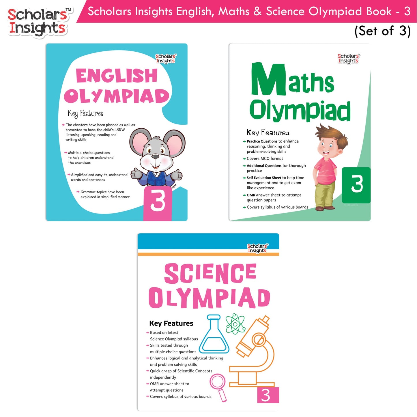 Scholars Insights Olympiad English, Maths and Science Workbooks Set Grade 3| Set of 3| Ages 8 - 10 Years