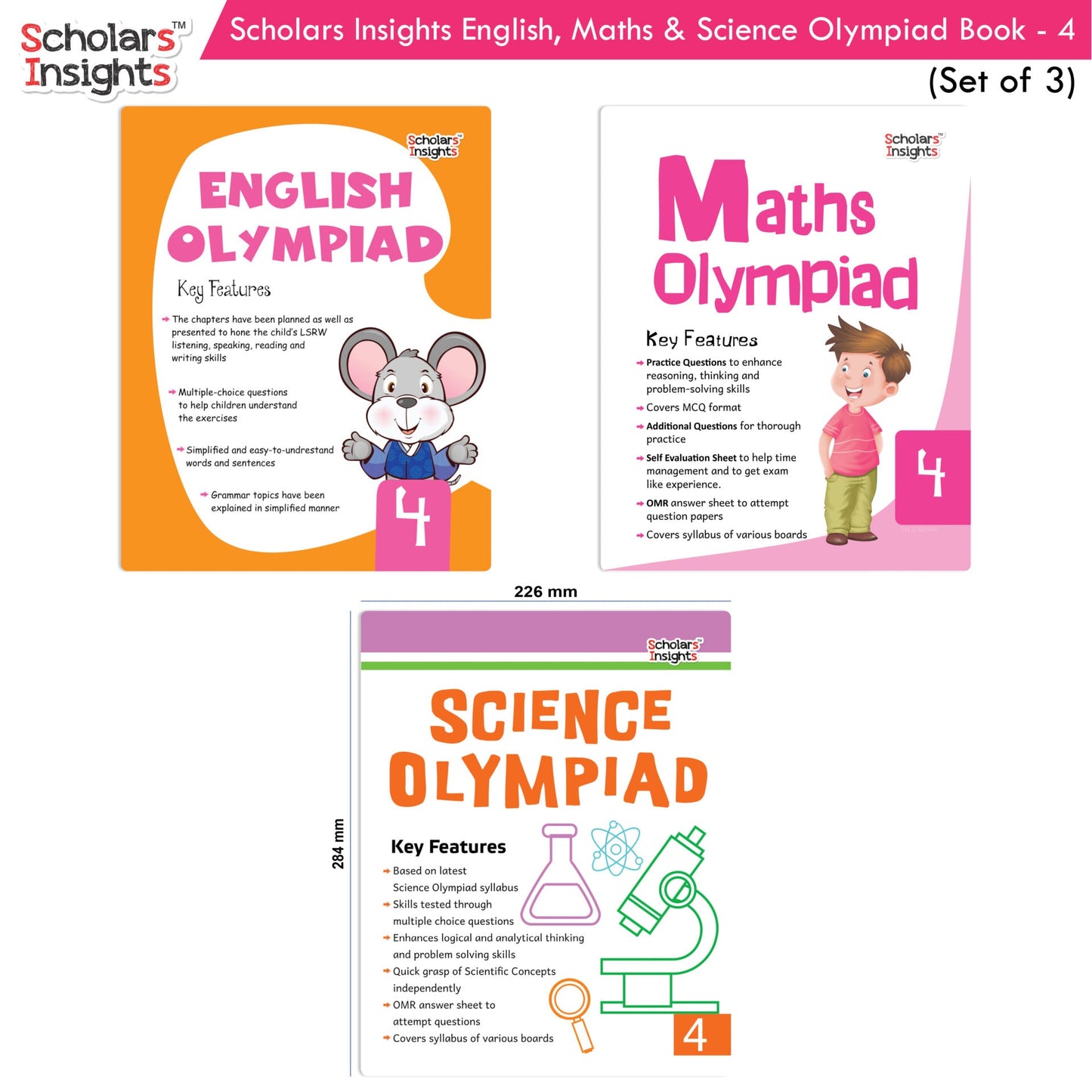 Scholars Insights Olympiad English, Maths and Science Workbooks Grade 4| Set of 3| Ages 9 - 11 Year