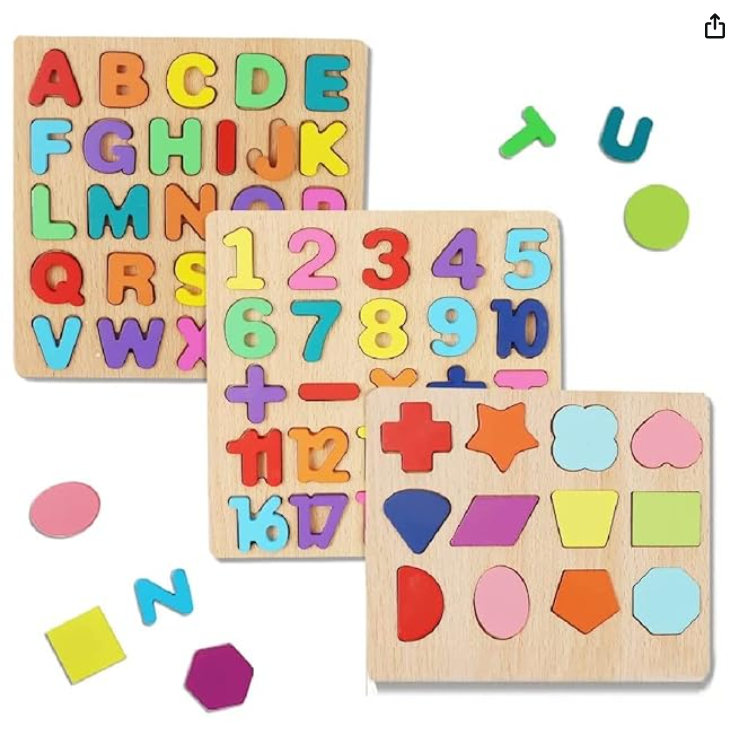 Wooden Learning Educational Game Board for Kids, Puzzle Toys for 2 Years Old Boys & Girls (Alphabets, Numbers & Shapes)