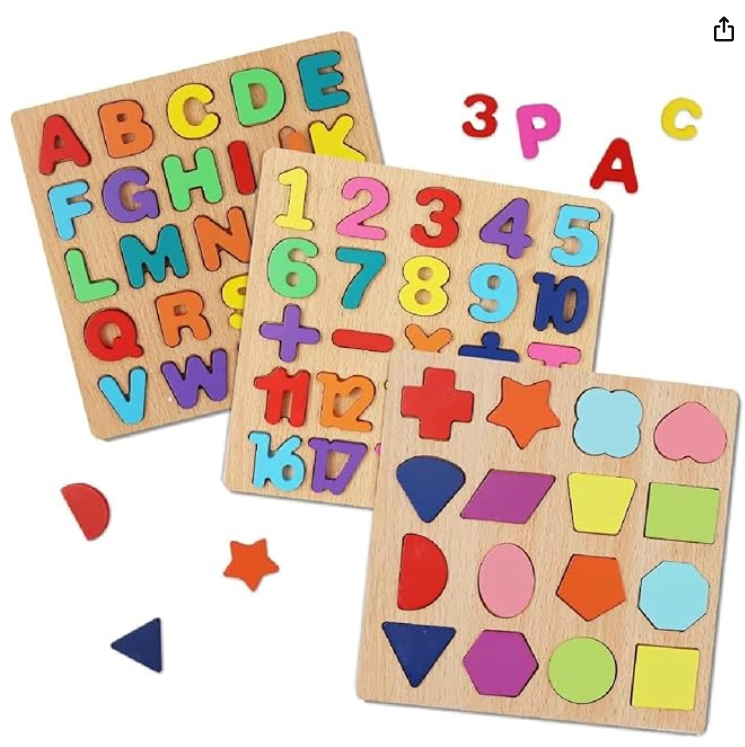 Wooden Learning Educational Game Board for Kids, Puzzle Toys for 2 Years Old Boys & Girls (Alphabets, Numbers & Shapes)