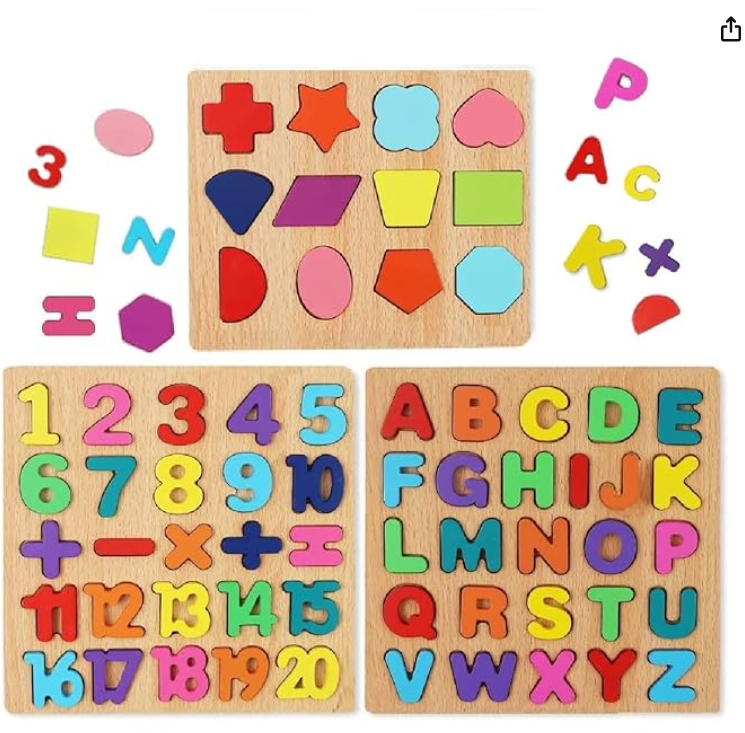 Wooden Learning Educational Game Board for Kids, Puzzle Toys for 2 Years Old Boys & Girls (Alphabets, Numbers & Shapes)