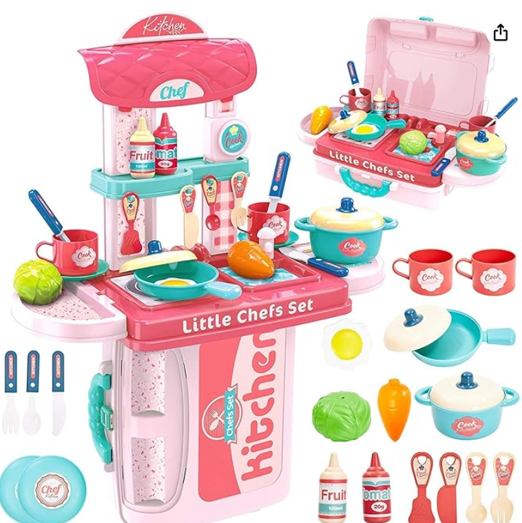 3 in 1 Portable Pretend Food Party Role Cooking Kitchen Play Set Toy for Boys and Girls - Pink