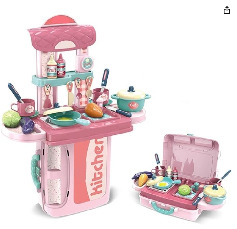 3 in 1 Portable Pretend Food Party Role Cooking Kitchen Play Set Toy for Boys and Girls - Pink