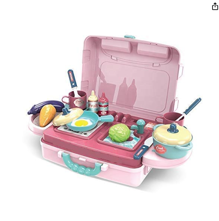 3 in 1 Portable Pretend Food Party Role Cooking Kitchen Play Set Toy for Boys and Girls - Pink