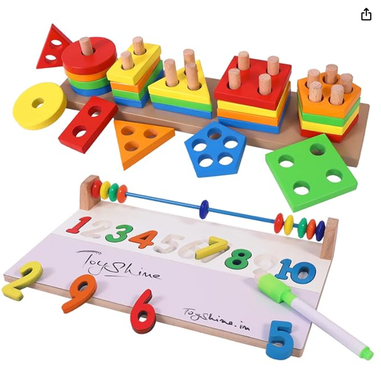 Kids Wooden Angle Geometric Blocks Stacker Shape Sorter Column Puzzle Stacking Set - 5 Columns