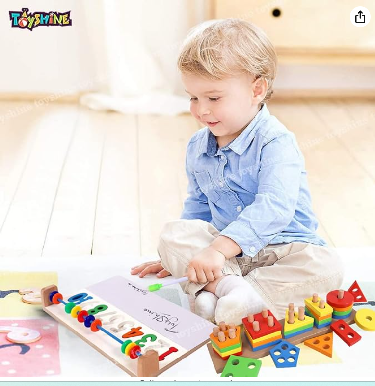 Kids Wooden Angle Geometric Blocks Stacker Shape Sorter Column Puzzle Stacking Set - 5 Columns