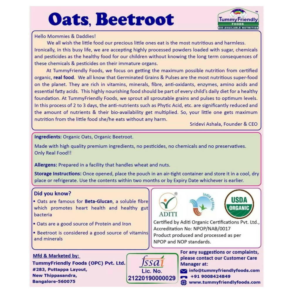 TummyFriendly Foods Certified Organic Oats, Beetroot Porridge Mix for 6 Months Old