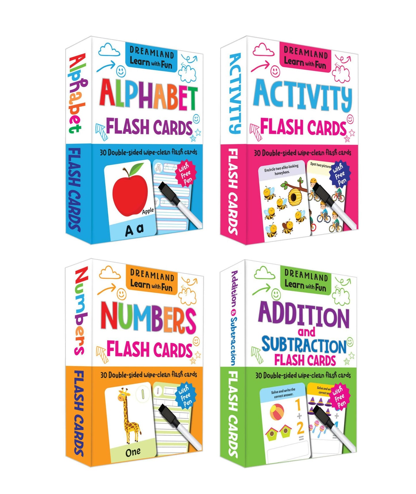 Dreamland Flash Cards Pack- Alphabet, Numbers, Addition and Subtraction, Activity, 120 Flash Cards with Free Pen