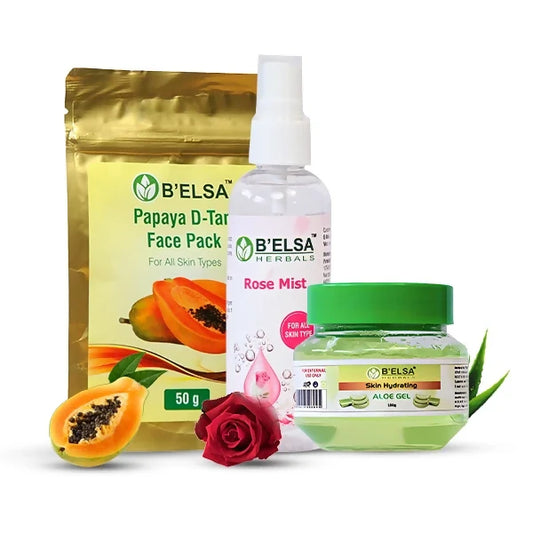Belsa Herbals Organic Papaya D-tan Face + Rose Mist + Skin Hydrating Aloe Gel Combo - 250ML