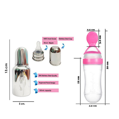 Goodmunchkins Stainless Steel Feeding Bottle & Spoon Food Feeder Anti Colic Silicone Nipple Combo-(Pink,150ml)