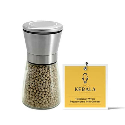 LocoKerala Tellicherry White Peppercorns with Grinder -  USA, Australia, Canada 