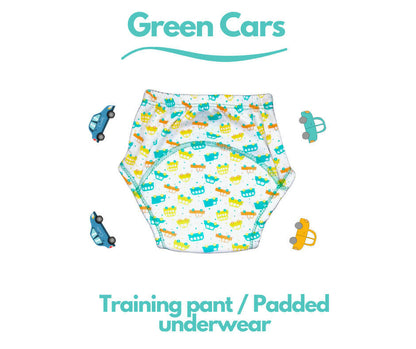 Kindermum Cotton Padded Pull Up Training Pants/Padded Underwear For Kids Peachy Star & Green Car-Set of 2 pcs