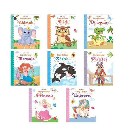 Jolly Kids Big Copy Colour Books Set of 8| Colouring Theme Animals, Flowers, Dinosaurs, Mermaid, Ocean, Pirates, Princess & Unicorn Ages 3-10 Years -  buy in usa 