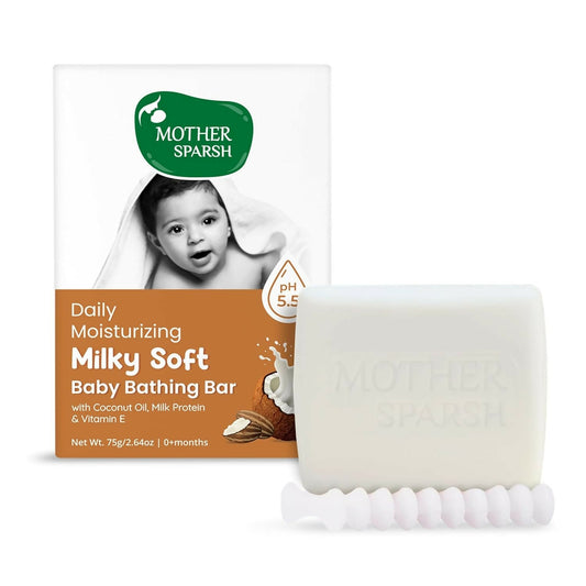 Mother Sparsh Milky Soft Baby Bathing Soap Bar For Hypoallergenic pH 5.5, Tear-Free Formulation, Prevents Dryness