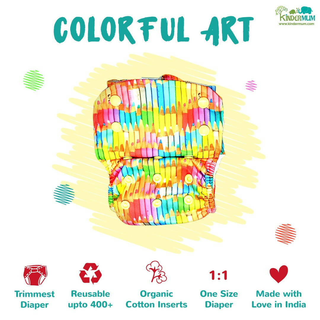 Kindermum Nano Aio Cloth Diaper With 2 Organic Cotton Inserts- Colourful Art For Kids
