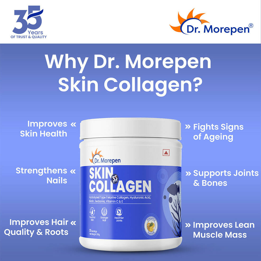 Dr. Morepen Skin Collagen Protein Powder With Hyaluronic Acid, Vitamin C, Sesbania & Biotin - Pineapple Flavour