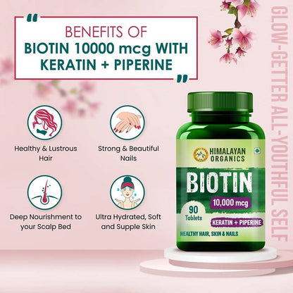 Himalayan Organics Biotin 10000 Mcg with Keratin + Piperine Tablets
