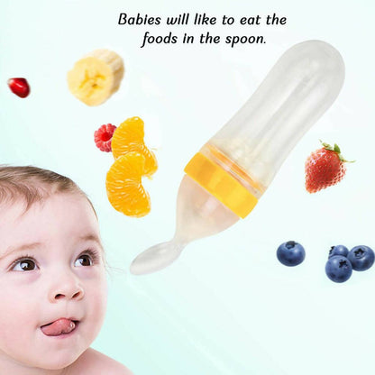 Safe-O-Kid Easy Set of 2 Squeezy Silicone Food Feeder Spoon (Soft Tip) Bottle- Yellow- 90mL