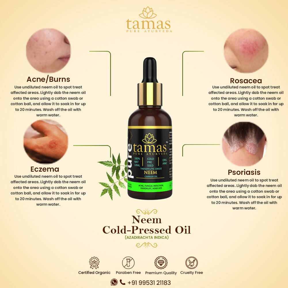 Tamas Pure Ayurveda 100% Organic Neem Cold Pressed Carrier Oil- USDA Certified Organic- 30ML