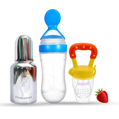 Goodmunchkins Stainless Steel Feeding Bottle, Food Feeder & Fruit Feeder Combo for Baby-(Blue-Yellow, 150ml) -  USA, Australia, Canada 