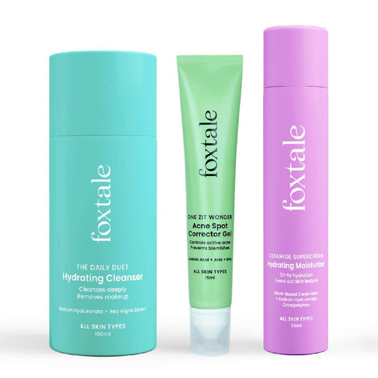 Foxtale ABC of Acne Control Trio Skin Care Kit: Acne Spot Correct Gel + Cleanser Face Wash + Ceramide Moisturizer - 180ML