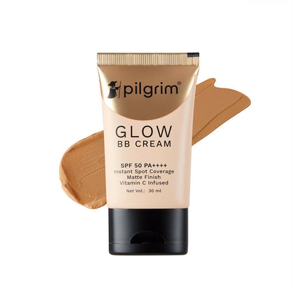 Pilgrim Glow BB Cream SPF 50 PA++++ Instant Spot Coverage Matte Finish Vitamin C Infused - Almond Glow