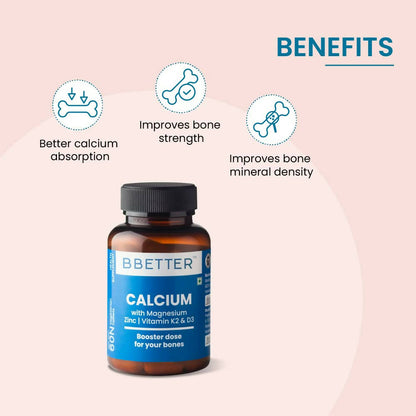 BBETTER Calcium Magnesium Zinc Tablets with Vitamin D3 & K2