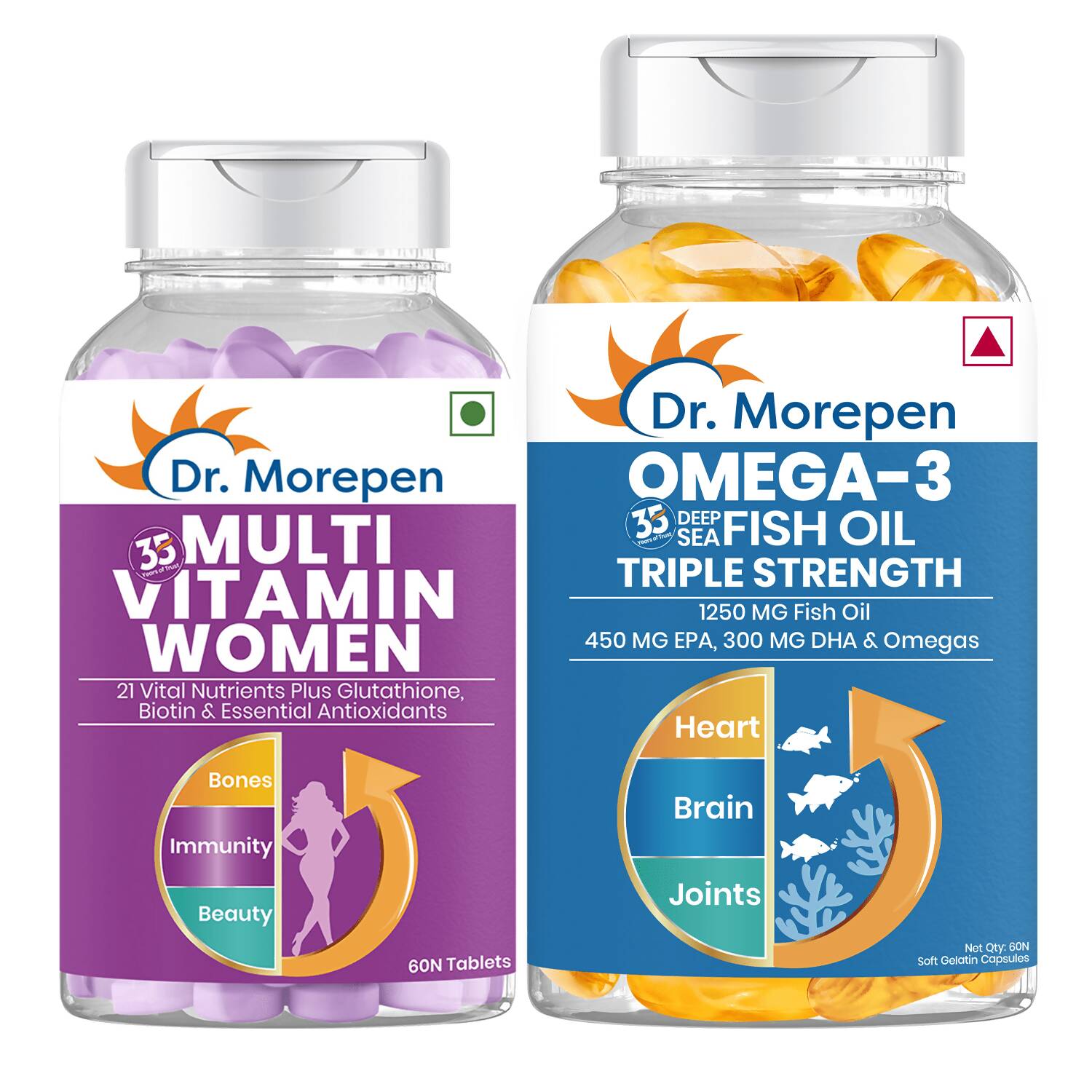 Dr. Morepen Multivitamin Women Tablets and Omega 3 Deep Sea Fish Oil Softgels Combo - usa canada australia